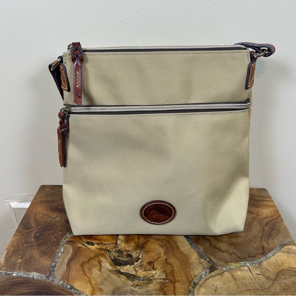 Dooney & Bourke Beige Canvas Crossbody Shoulder Bag with Brown Leather Trim